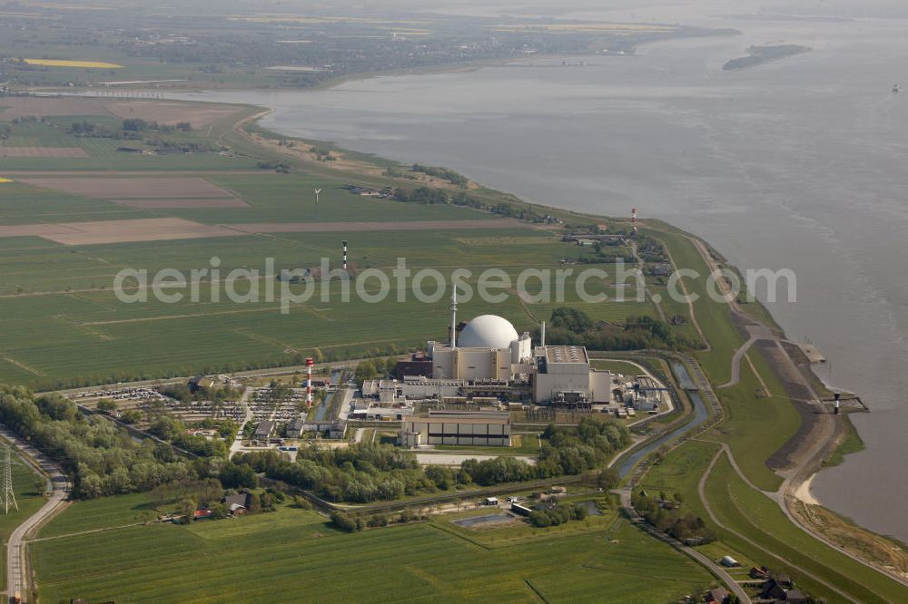 Aerial photograph Brokdorf - Blick auf das Kernkraftwerk in Brokdorf (KBR). Nuclear power station Brokdorf.