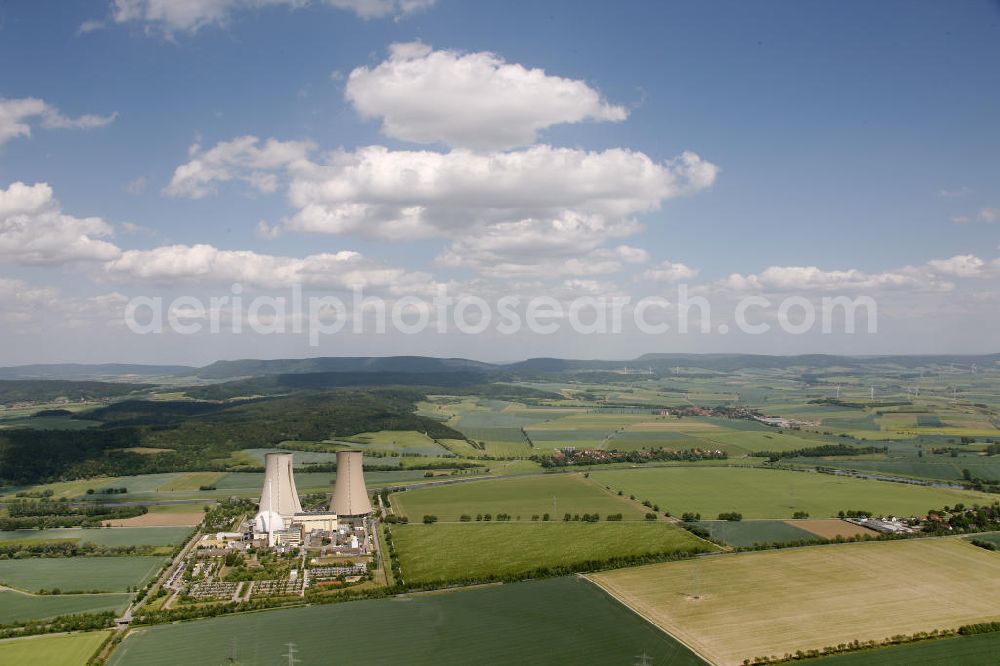 Grohnde from above - Kernkraftwerk KKW / Atomkraftwerk AKW Grohnde KWG an der Weser in Niedersachsen. Nuclear power station NPS / atomic plant Grohnde at the Weser river in Lower Saxony.