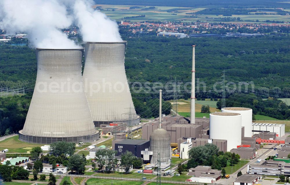 Gundremmingen from the bird's eye view: Kernkraftwerk KKW / Atomkraftwerk AKW Gundremmingen KGG bzw. KRB an der Donau in Bayern. Betreiber ist die Kernkraftwerk Gundremmingen GmbH (KGG). Nuclear power station NPS / atomic plant Gundremmingen at the Donau river in Bavaria.