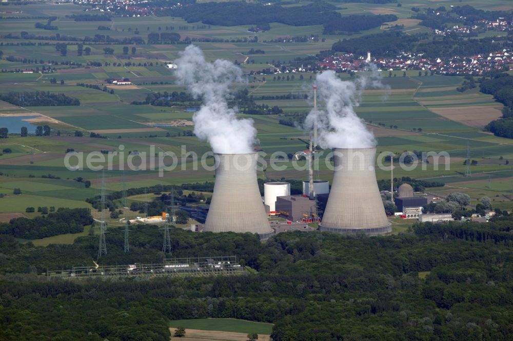 Günzburg from above - The Gundremmingen Nuclear Power Plant near Guenzburg in the state Bavaria. You can see the two cooling towers and the reactor blocks A, B and C. The power plant is operated by Kernkraftwerk Gundremmingen GmbH in the municipality Gundremmingen