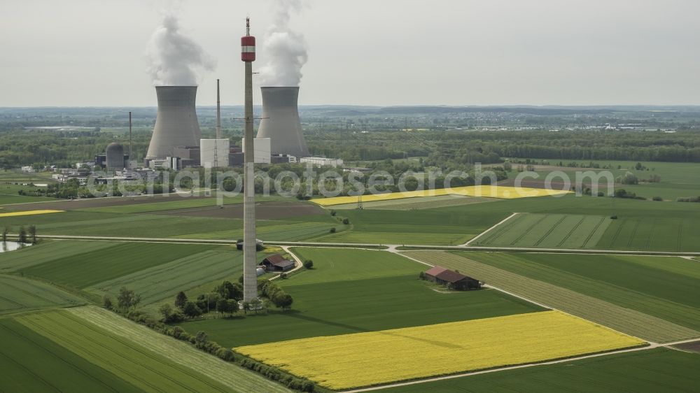 Gundremmingen from the bird's eye view: The Gundremmingen Nuclear Power Plant near Guenzburg in the state Bavaria. You can see the two cooling towers and the reactor blocks A, B and C. The power plant is operated by Kernkraftwerk Gundremmingen GmbH in the municipality Gundremmingen