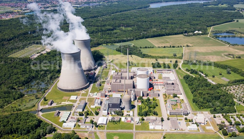 Aerial image Gundremmingen - The Gundremmingen Nuclear Power Plant near Guenzburg in the state Bavaria. You can see the two cooling towers and the reactor blocks A, B and C. The power plant is operated by Kernkraftwerk Gundremmingen GmbH in the municipality Gundremmingen