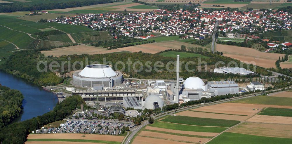 Neckarwestheim from the bird's eye view: Das Kernkraftwerk Neckarwestheim auf dem Gebiet der Gemeinden Neckarwestheim und Gemmrigheim am rechten Ufer des Neckars zwischen Heilbronn und Ludwigsburg. Es hat einen Druckwasserreaktor und die nukleare Inbetriebnahme war am 29.12.1988. Adresse: Kernkraftwerk Neckarwestheim, Im Steinbruch, 74382 Neckarwestheim