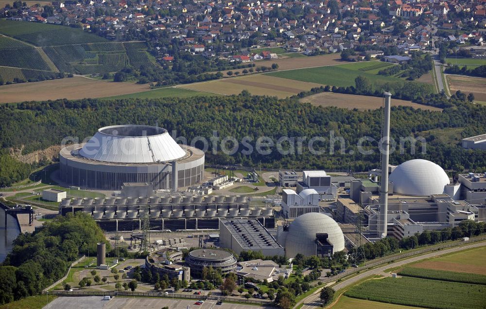 Aerial image Neckarwestheim - Das Kernkraftwerk Neckarwestheim auf dem Gebiet der Gemeinden Neckarwestheim und Gemmrigheim am rechten Ufer des Neckars zwischen Heilbronn und Ludwigsburg. Das Kraftwerk startete seinen kommerziellen Betrieb im Dezember 1976. Betreiber des Kraftwerks ist das EnBW-Tochterunternehmen EnBW Kernkraft GmbH. The nuclear power station Neckarwestheim on the right bank of the Neckar river between Heilbronn and Ludwigsburg. The power plant started its commercial operation in December 1976. Operator of the power plant is the subsidiary of EnBW the EnBW Kernkraft GmbH.