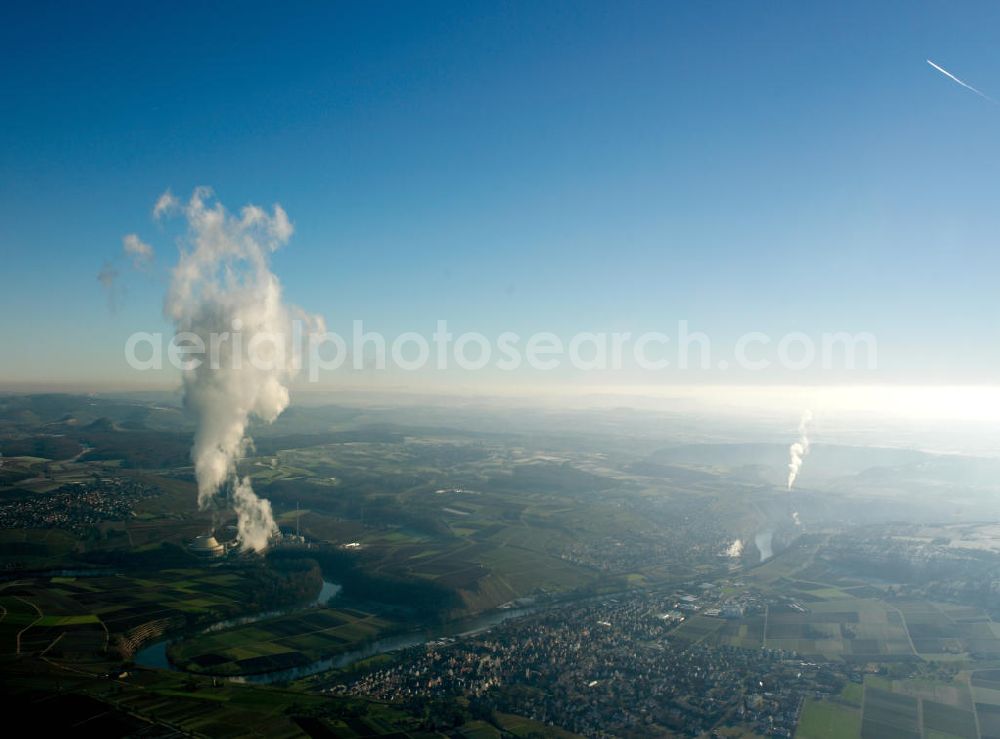 Neckarwestheim from above - Atomkraftwerk Neckarwestheim auf dem Gebiet der Gemeinden Neckarwestheim und Gemmrigheim am Ufer des Neckars. Betreiber des Kraftwerks ist das EnBW-Tochterunternehmen EnBW Kernkraft GmbH. The nuclear power station Neckarwestheim on the right bank of the Neckar river.