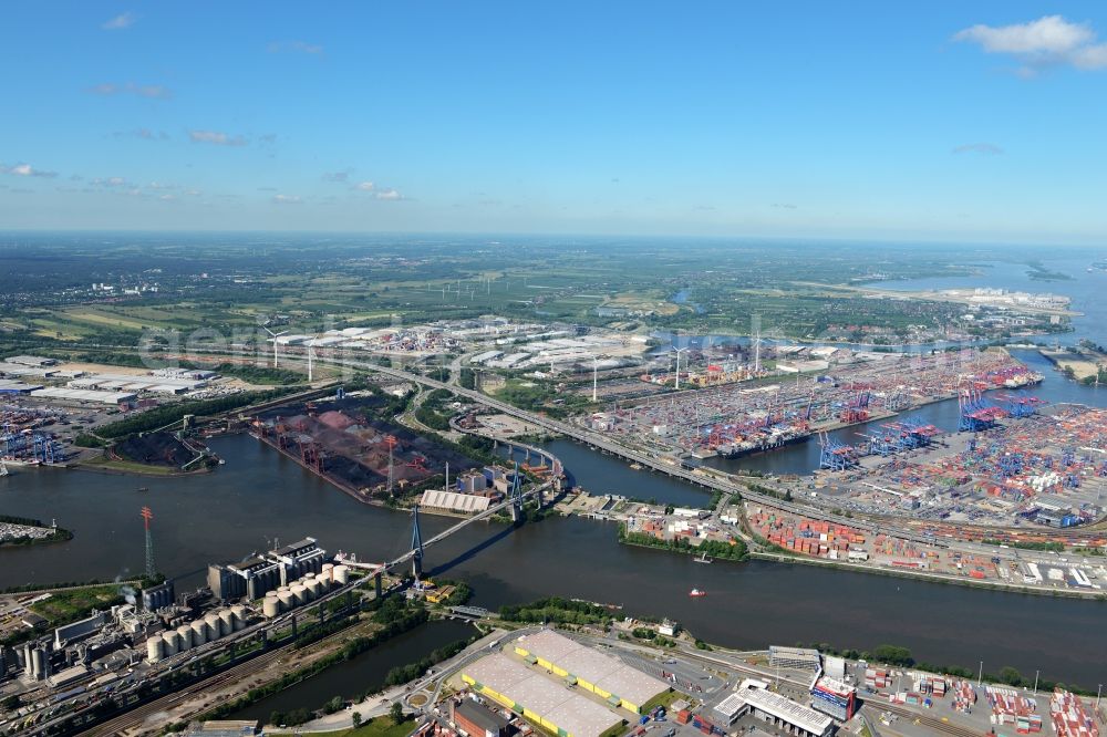 Aerial image Hamburg - Koehlbrand bridge over the Rugenberg harbour in Hamburg-Mitte / Waltershof. A project of the Hamburg Port Authority HPA