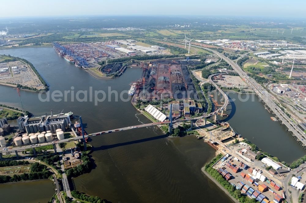 Aerial photograph Hamburg - Koehlbrand bridge over the Rugenberg harbour in Hamburg-Mitte / Waltershof. A project of the Hamburg Port Authority HPA