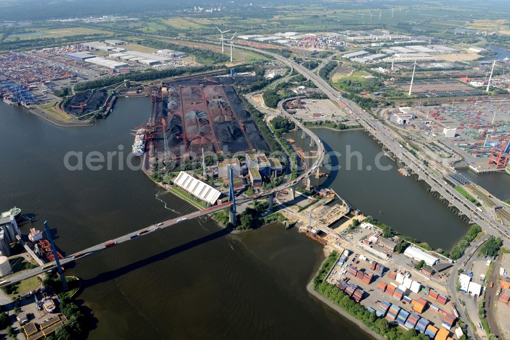 Hamburg from above - Koehlbrand bridge over the Rugenberg harbour in Hamburg-Mitte / Waltershof. A project of the Hamburg Port Authority HPA