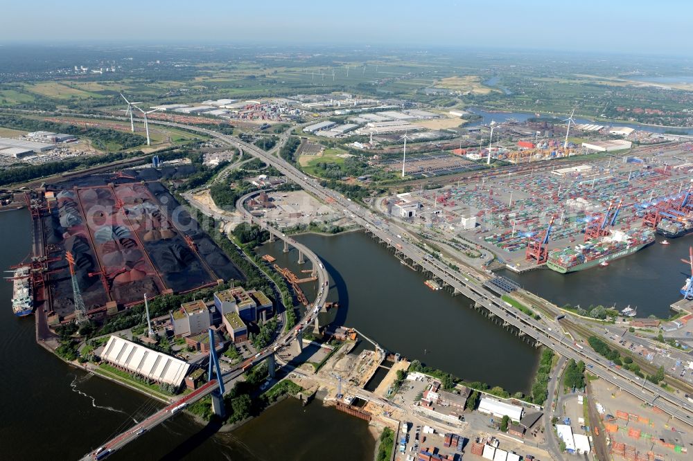 Hamburg from the bird's eye view: Koehlbrand bridge over the Rugenberg harbour in Hamburg-Mitte / Waltershof. A project of the Hamburg Port Authority HPA