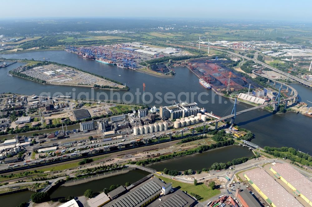 Aerial image Hamburg - Koehlbrand bridge over the Rugenberg harbour in Hamburg-Mitte / Waltershof. A project of the Hamburg Port Authority HPA