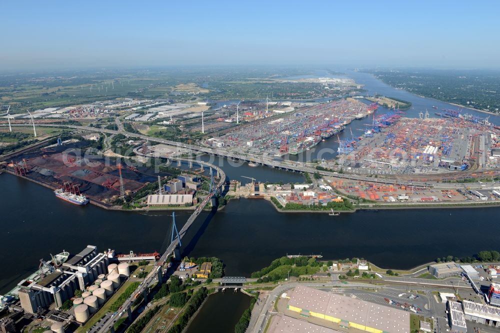 Hamburg from above - Koehlbrand bridge over the Rugenberg harbour in Hamburg-Mitte / Waltershof. A project of the Hamburg Port Authority HPA