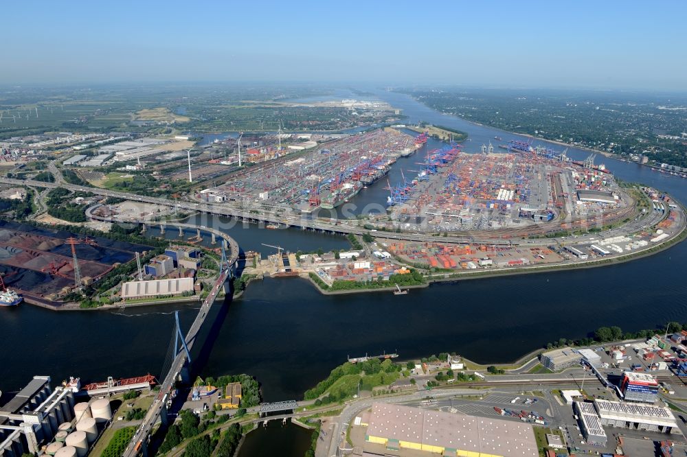 Hamburg from the bird's eye view: Koehlbrand bridge over the Rugenberg harbour in Hamburg-Mitte / Waltershof. A project of the Hamburg Port Authority HPA