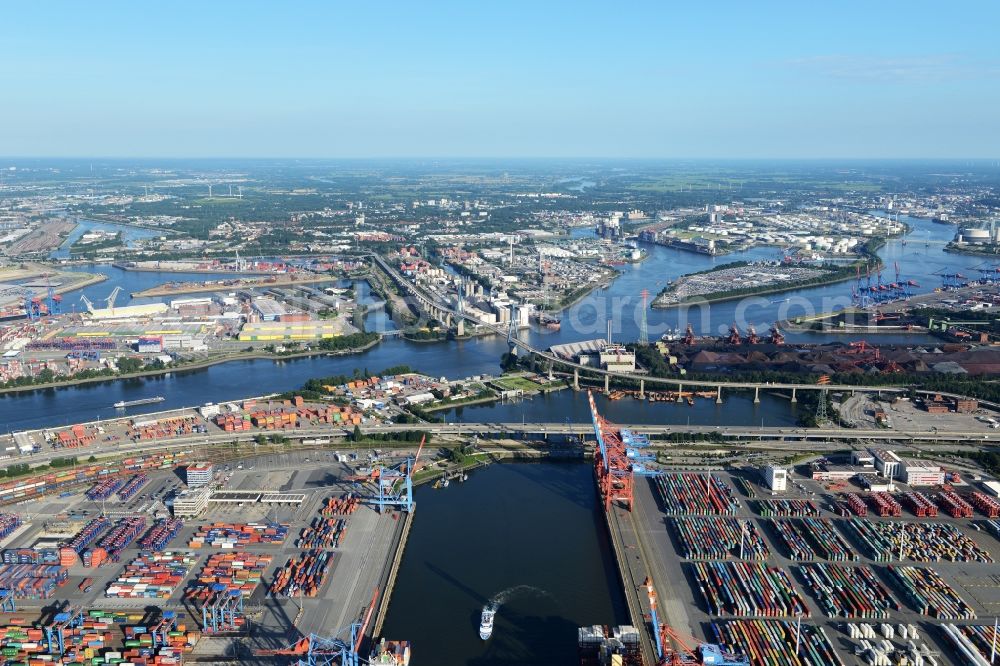 Aerial image Hamburg - Koehlbrand bridge over the Rugenberg harbour in Hamburg-Mitte / Waltershof. A project of the Hamburg Port Authority HPA