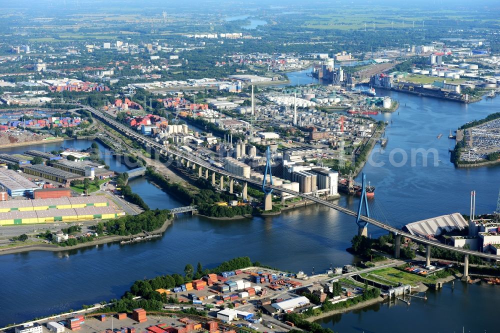 Aerial photograph Hamburg - Koehlbrand bridge over the Rugenberg harbour in Hamburg-Mitte / Waltershof. A project of the Hamburg Port Authority HPA