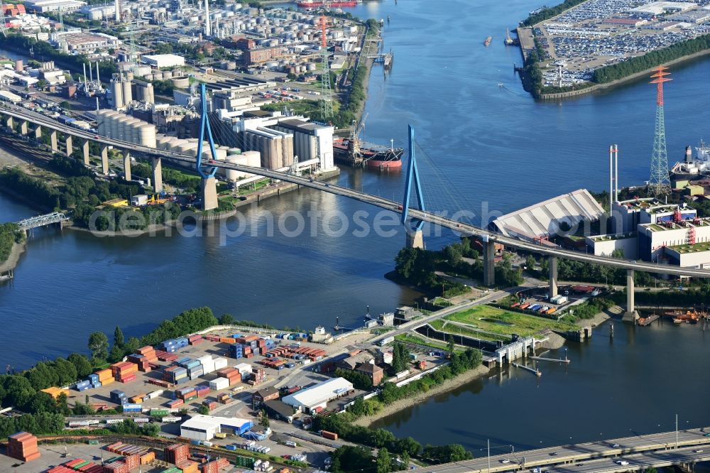 Hamburg from above - Koehlbrand bridge over the Rugenberg harbour in Hamburg-Mitte / Waltershof. A project of the Hamburg Port Authority HPA