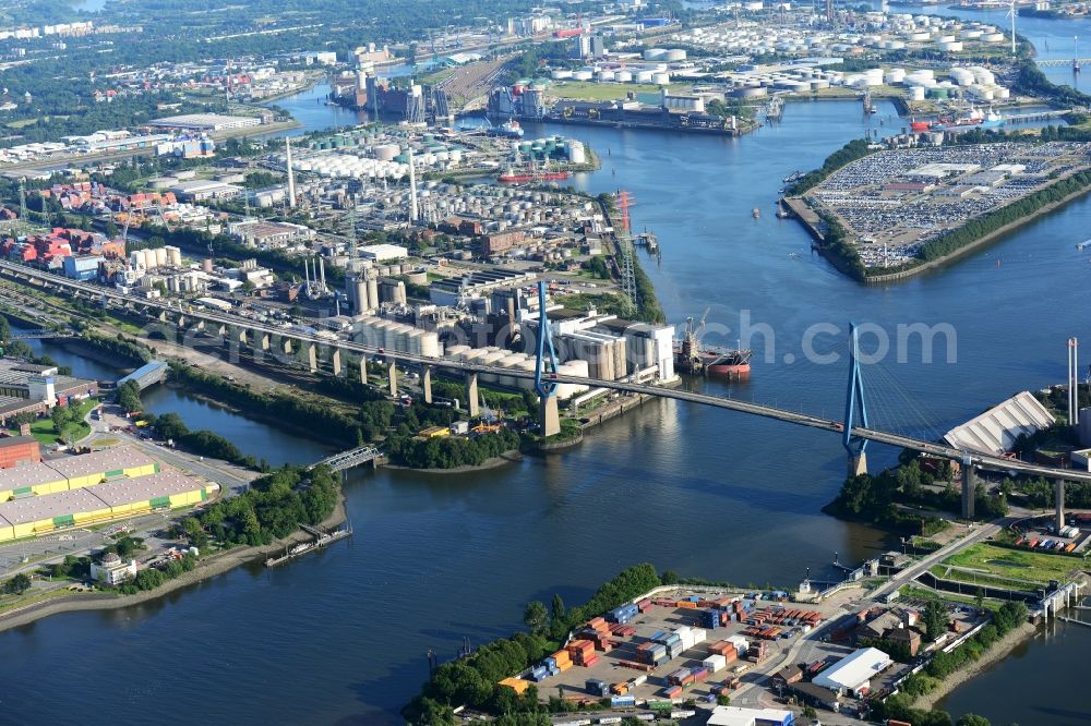 Aerial image Hamburg - Koehlbrand bridge over the Rugenberg harbour in Hamburg-Mitte / Waltershof. A project of the Hamburg Port Authority HPA