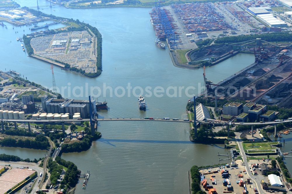 Aerial photograph Hamburg - Koehlbrand bridge over the Rugenberg harbour in Hamburg-Mitte / Waltershof. A project of the Hamburg Port Authority HPA