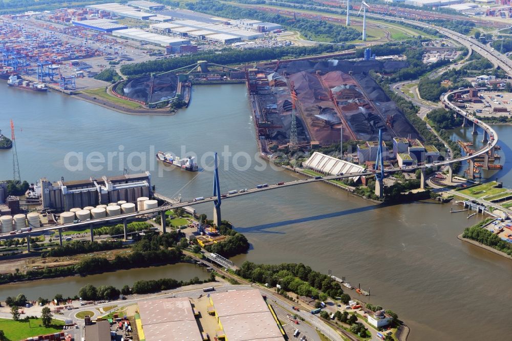 Hamburg from above - Koehlbrand bridge over the Rugenberg harbour in Hamburg-Mitte / Waltershof. A project of the Hamburg Port Authority HPA