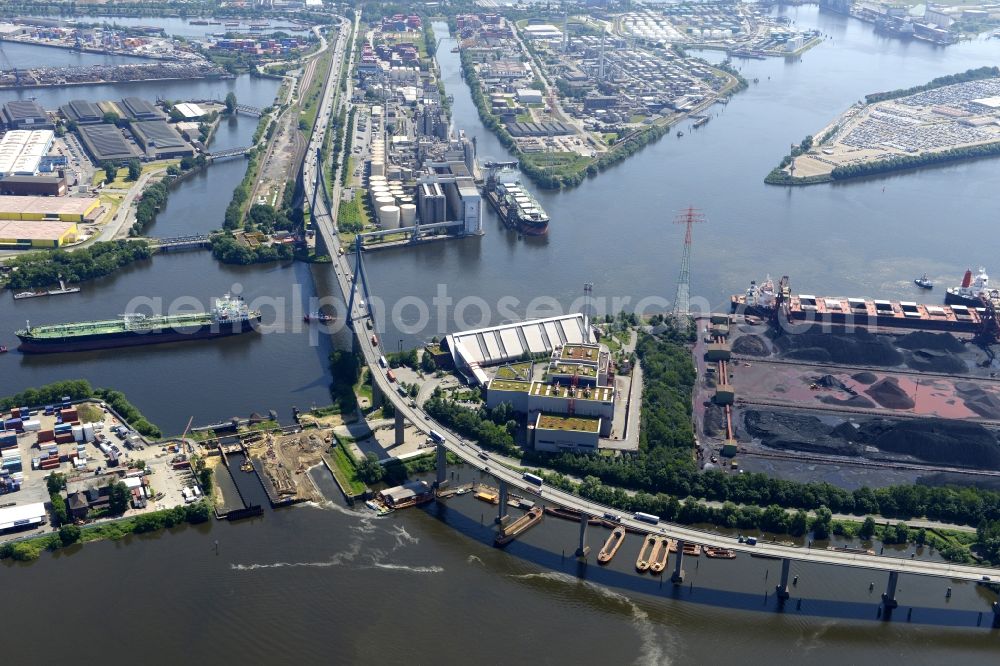 Hamburg from the bird's eye view: Koehlbrand bridge over the Rugenberg harbour in Hamburg-Mitte / Waltershof. A project of the Hamburg Port Authority HPA