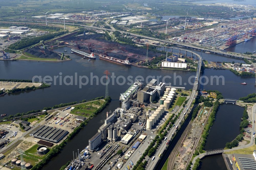 Aerial image Hamburg - Koehlbrand bridge over the Rugenberg harbour in Hamburg-Mitte / Waltershof. A project of the Hamburg Port Authority HPA