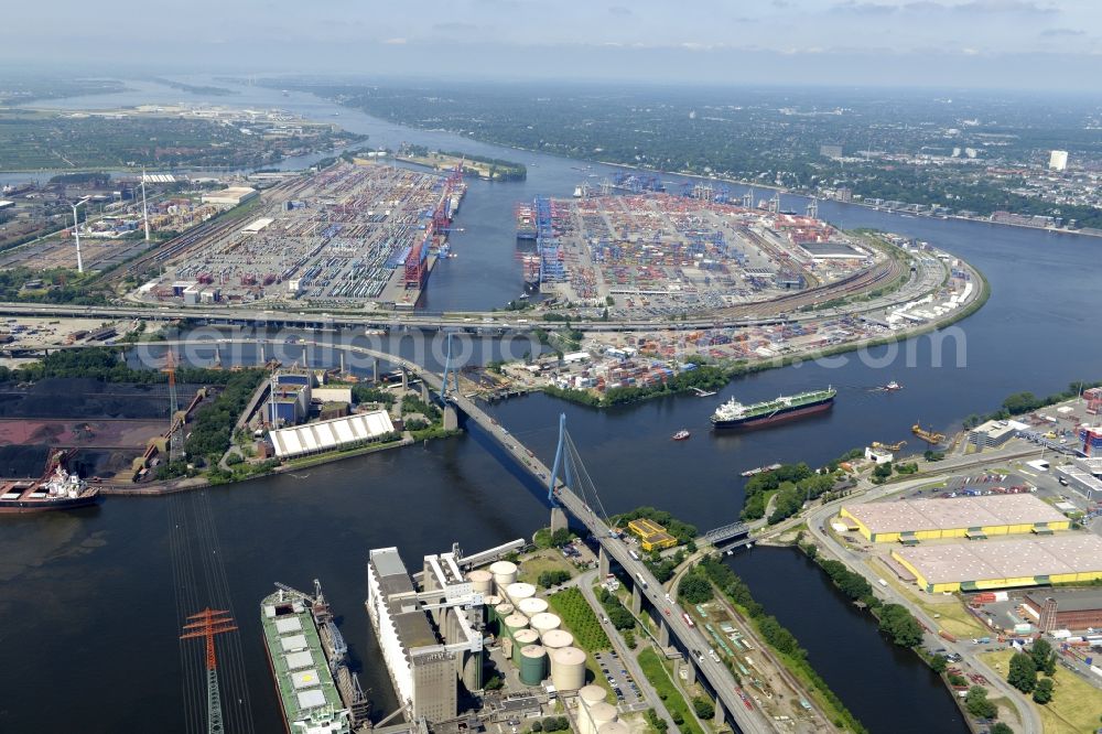 Hamburg from above - Koehlbrand bridge over the Rugenberg harbour in Hamburg-Mitte / Waltershof. A project of the Hamburg Port Authority HPA