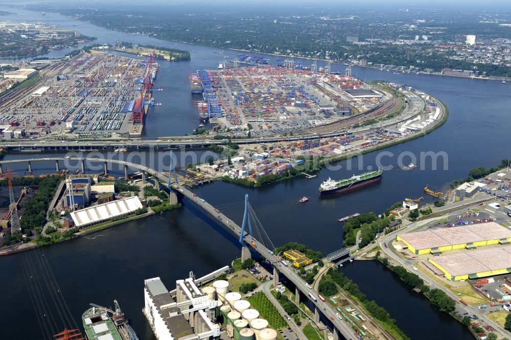 Hamburg from the bird's eye view: Koehlbrand bridge over the Rugenberg harbour in Hamburg-Mitte / Waltershof. A project of the Hamburg Port Authority HPA