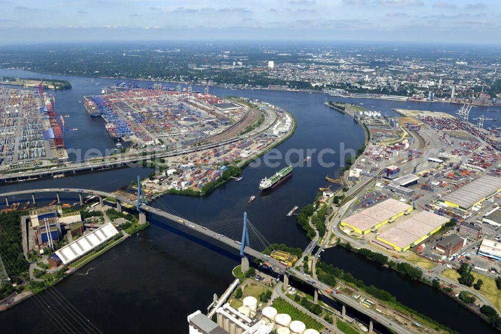 Aerial image Hamburg - Koehlbrand bridge over the Rugenberg harbour in Hamburg-Mitte / Waltershof. A project of the Hamburg Port Authority HPA