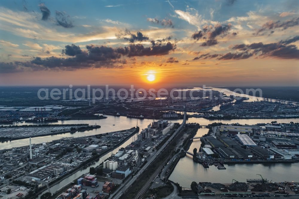 Aerial photograph Hamburg - Koehlbrand bridge over the Rugenberg harbour at sunset in Hamburg-Mitte / Waltershof. A project of the Hamburg Port Authority HPA