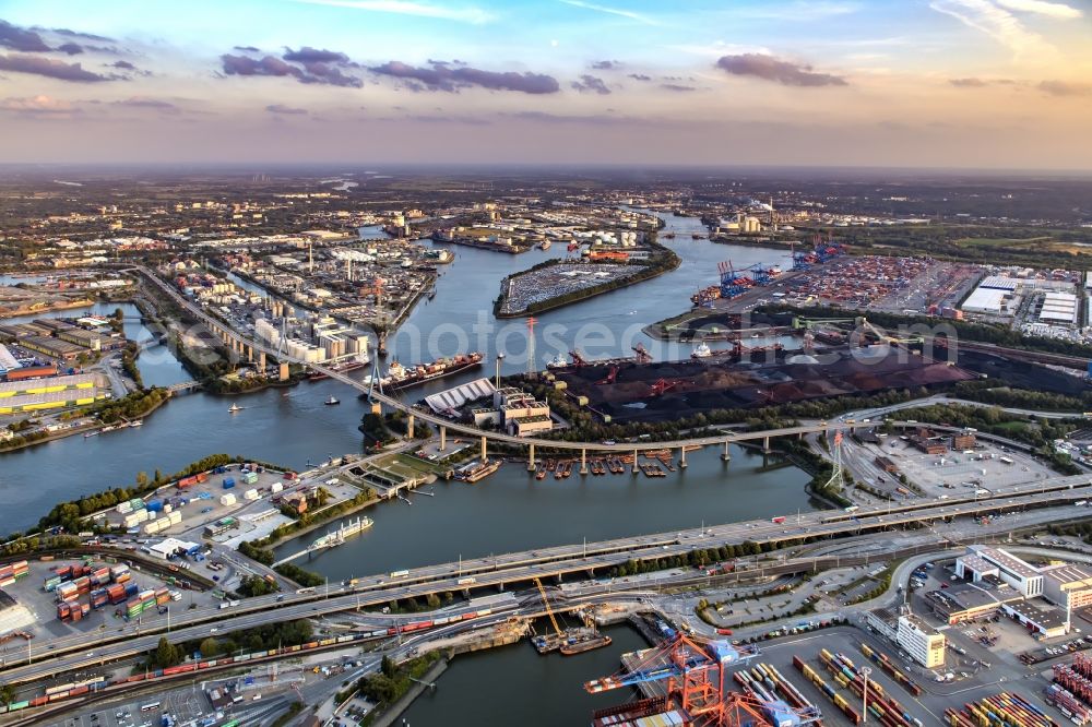 Hamburg from above - Koehlbrand bridge over the Rugenberg harbour at sunset in Hamburg-Mitte / Waltershof. A project of the Hamburg Port Authority HPA