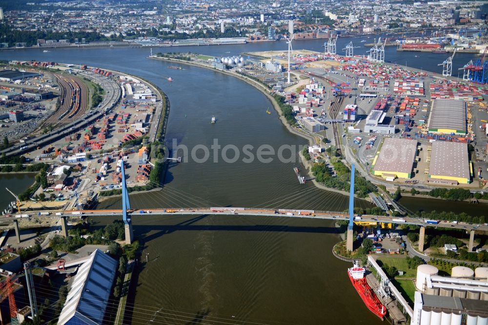 Aerial image Hamburg - Koehlbrand bridge in Hamburg-Mitte / Waltershof. A project of the Hamburg Port Authority HPA