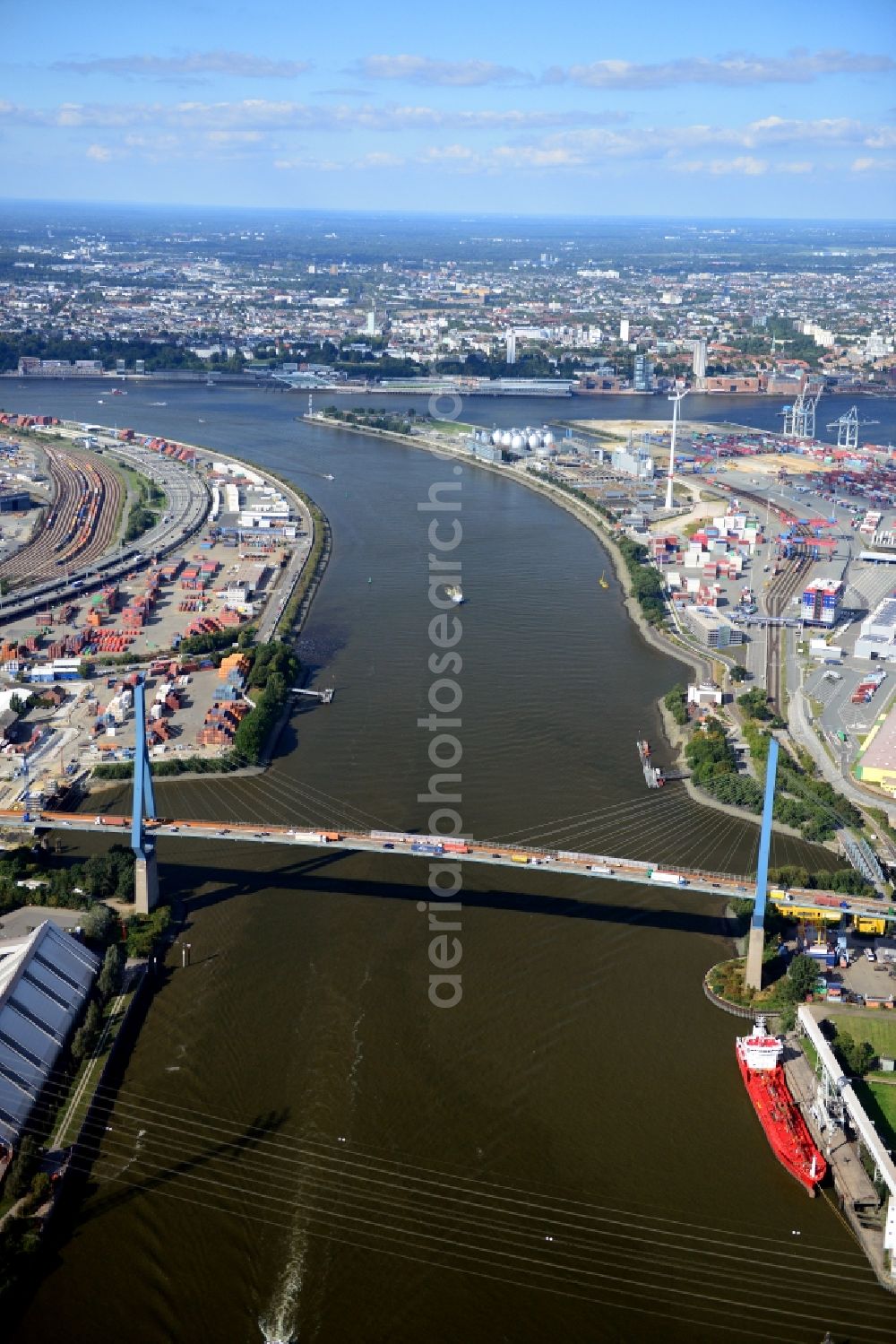 Aerial photograph Hamburg - Koehlbrand bridge in Hamburg-Mitte / Waltershof. A project of the Hamburg Port Authority HPA