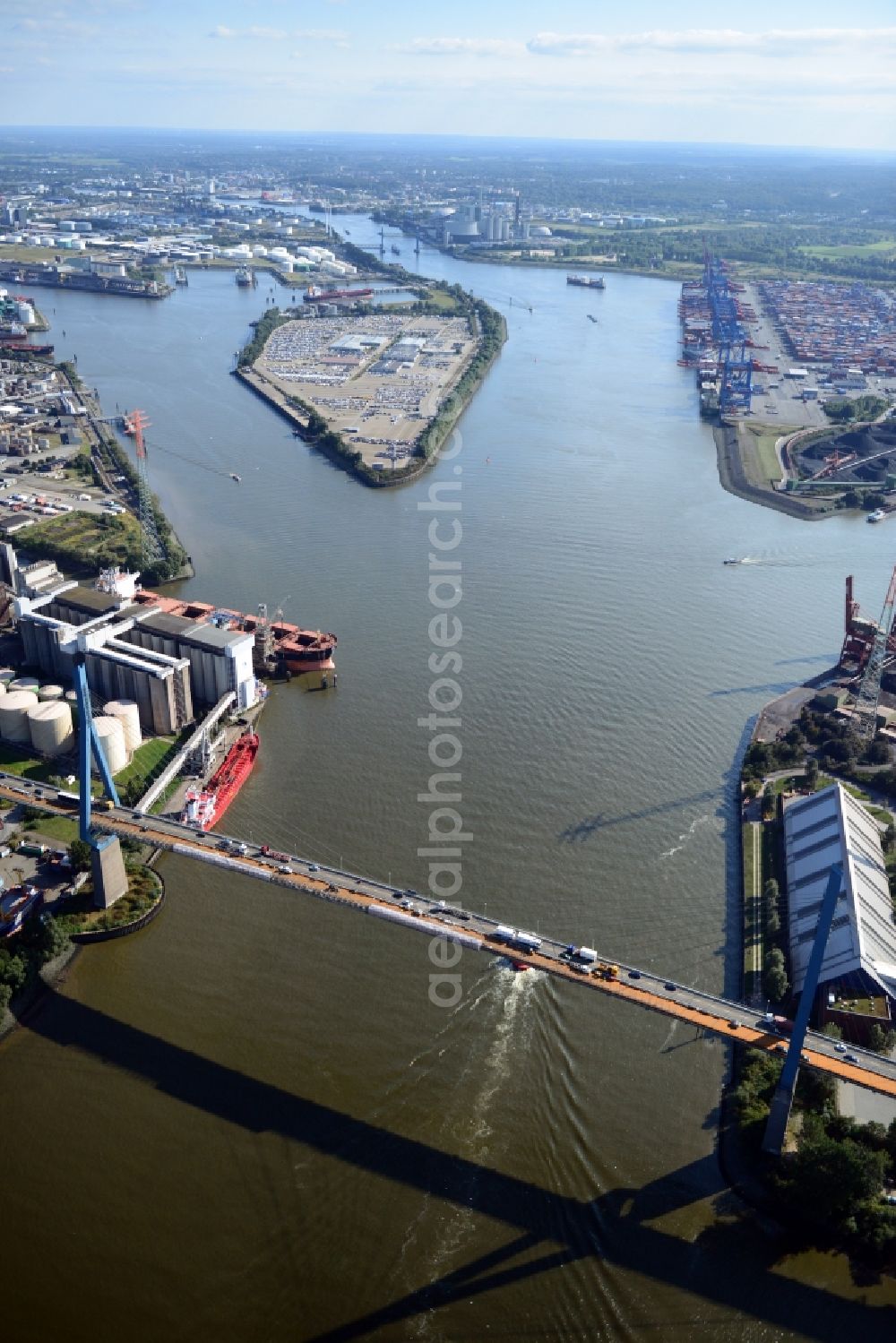 Hamburg from the bird's eye view: Koehlbrand bridge in Hamburg-Mitte / Waltershof. A project of the Hamburg Port Authority HPA