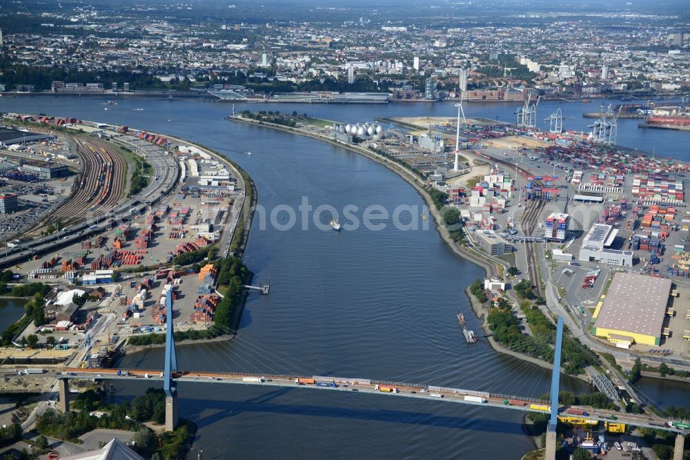 Aerial image Hamburg - Koehlbrand bridge in Hamburg-Mitte / Waltershof. A project of the Hamburg Port Authority HPA