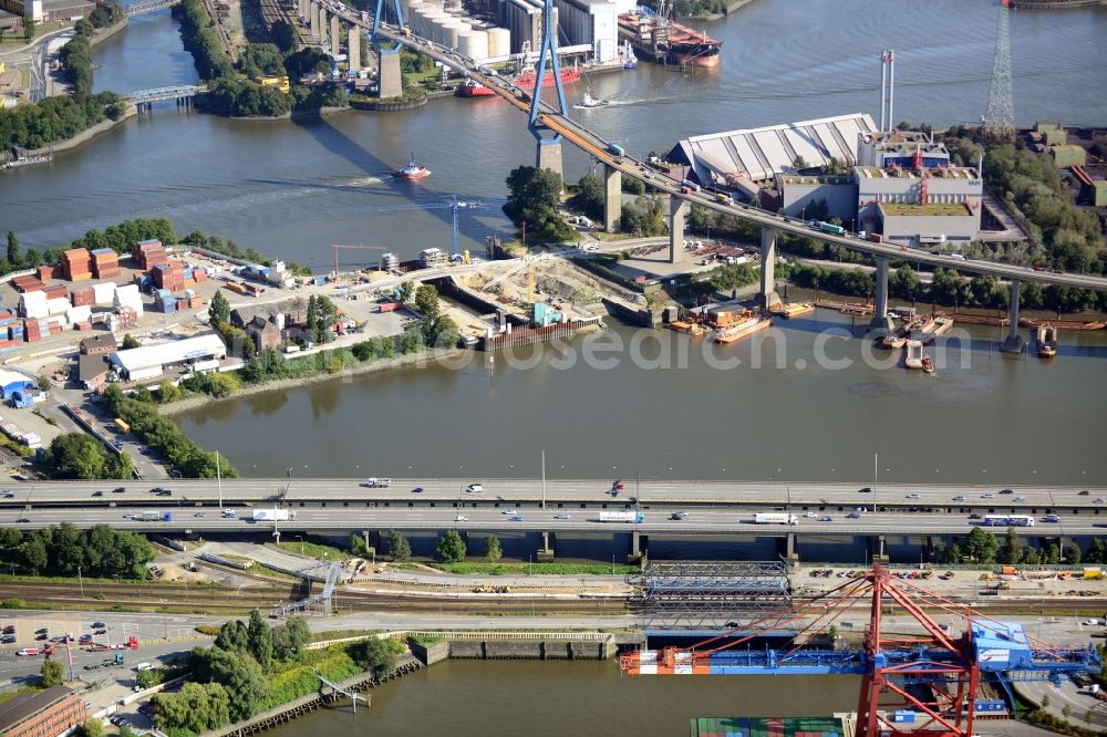 Aerial photograph Hamburg - Koehlbrand bridge, railway bridge Waltershof and motorway bridge A7 in Hamburg-Mitte / Waltershof. A project of the Hamburg Port Authority HPA