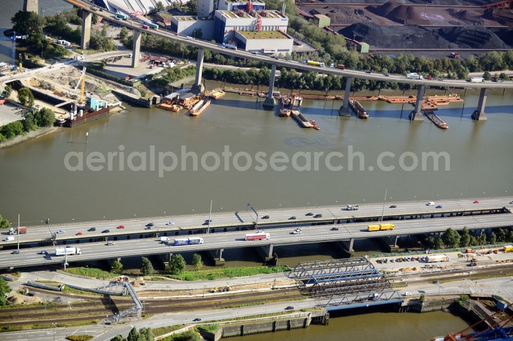 Hamburg from the bird's eye view: Koehlbrand bridge, railway bridge Waltershof and motorway bridge A7 in Hamburg-Mitte / Waltershof. A project of the Hamburg Port Authority HPA