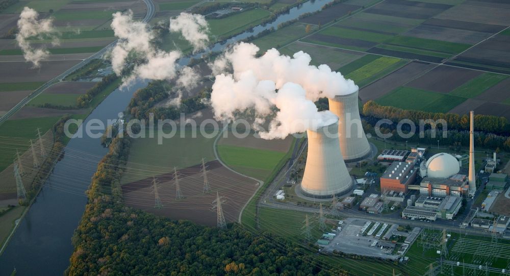 Aerial photograph Grohnde - View onto the cooling tower of the Nuclear Power Plant in Grohnde in the state Lower Saxony. It is located north of Grohnde at the river Weser