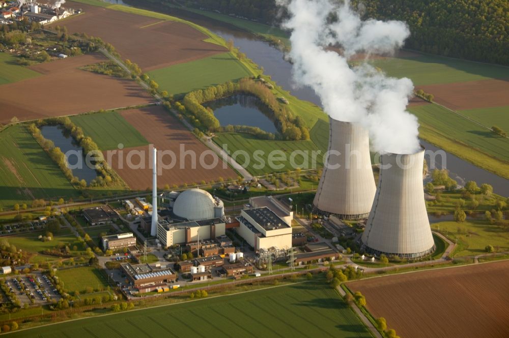 Aerial photograph Grohnde - View onto the cooling tower of the Nuclear Power Plant in Grohnde in the state Lower Saxony. It is located north of Grohnde at the river Weser