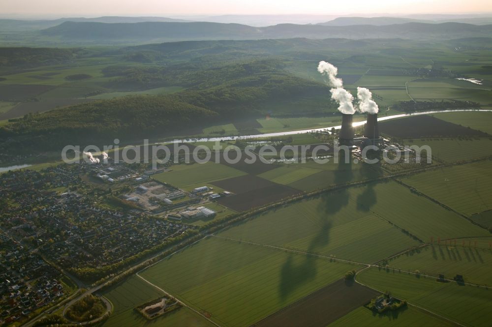 Grohnde from above - View onto the cooling tower of the Nuclear Power Plant in Grohnde in the state Lower Saxony. It is located north of Grohnde at the river Weser