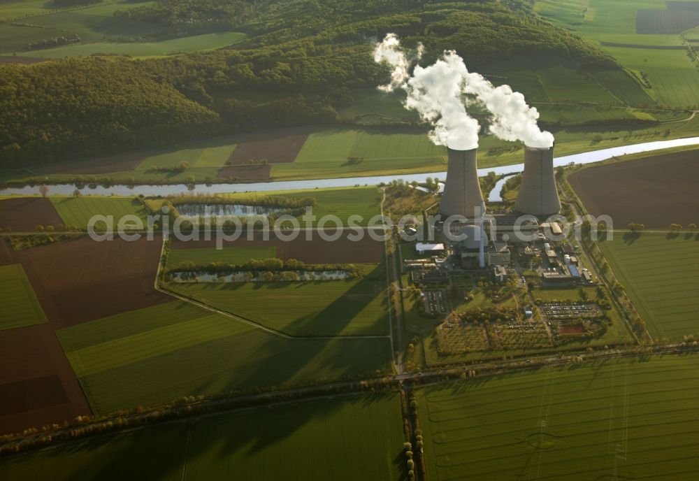 Aerial image Grohnde - View onto the cooling tower of the Nuclear Power Plant in Grohnde in the state Lower Saxony. It is located north of Grohnde at the river Weser