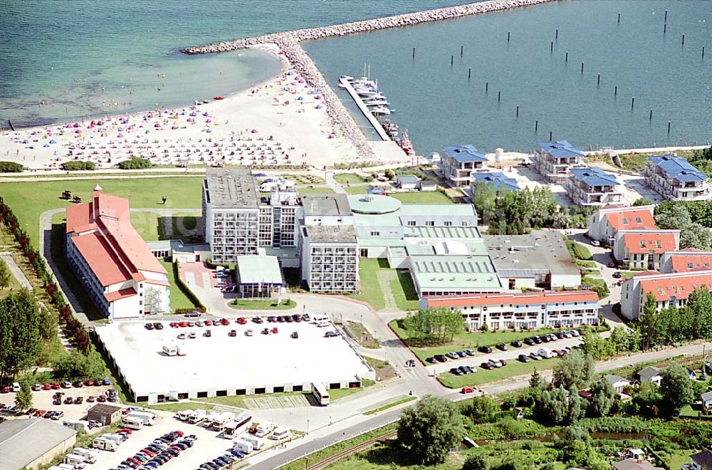 Kühlungsborn / Mecklenburg Vorpommern from the bird's eye view: Kühlungsborn in Mecklenburg Vorpommern Hotelneubaukomplex MORADA Strandhotel Kühlungsborn GmbH & Co. KG Hafenstr.2 18225 Ostseebad / Kühlungsborn Tel.: 03 82 93 / 670 Fax.: 03 82 93 / 66 47 Info-Tel: 0800 123 12 12 info@morada.de