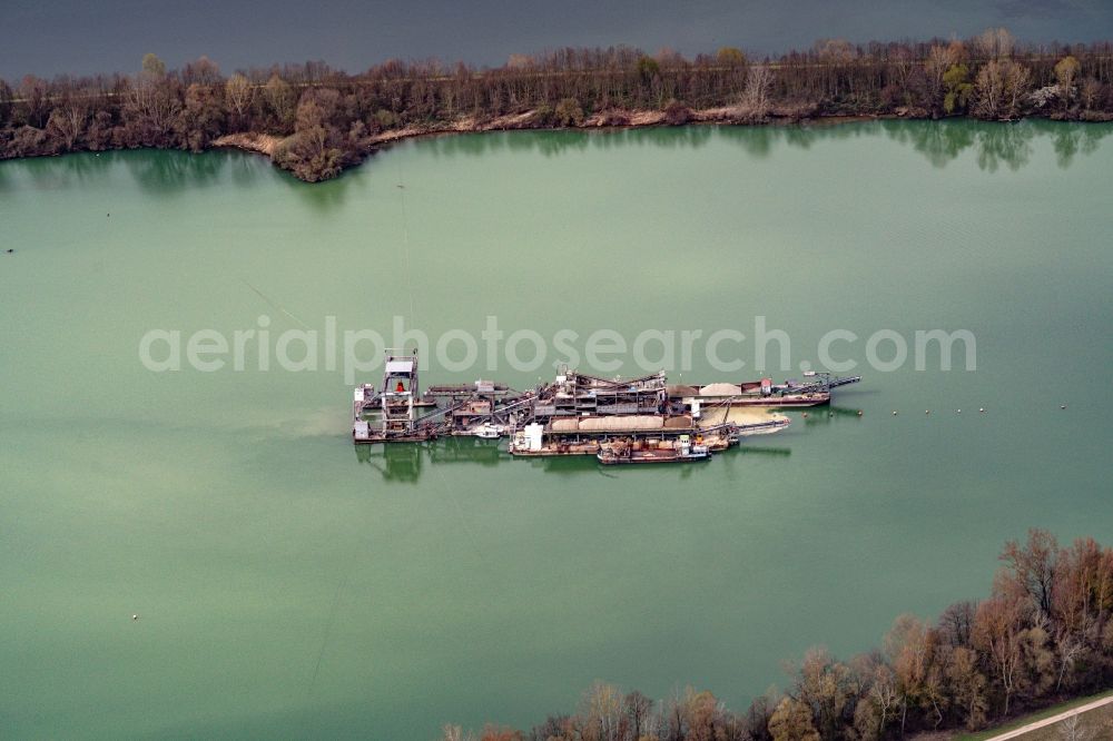 Aerial image Rheinau - Ship - specialized vessel in driving on the Rhine river in Rheinau in the state Baden-Wuerttemberg, Germany