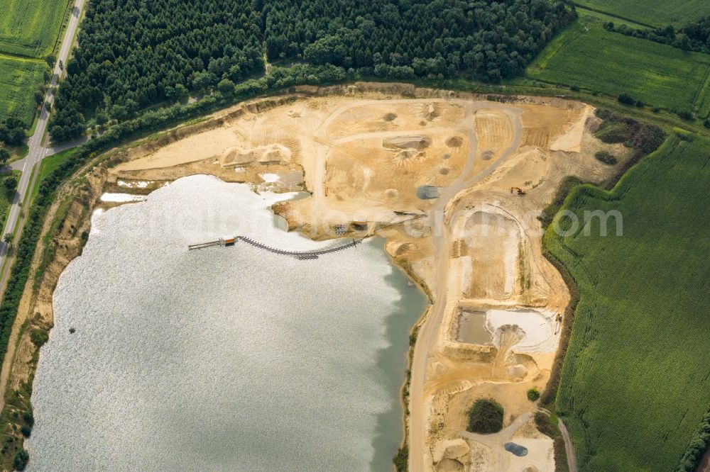 Fredenbeck from above - Site and tailings area of the gravel mining in Fredenbeck in the state Lower Saxony, Germany