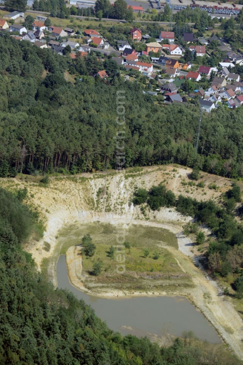 Eisenhüttenstadt from the bird's eye view: Site and former tailings area of the gravel mining in Eisenhuettenstadt in the state Brandenburg