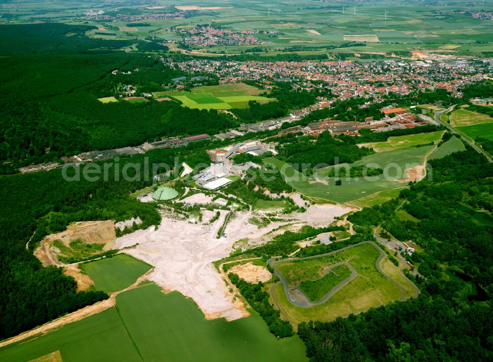 Eisenberg (Pfalz) from above - Site and tailings area of the gravel mining in Eisenberg (Pfalz) in the state Rhineland-Palatinate, Germany