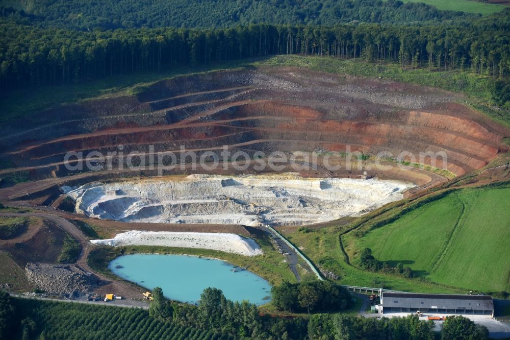 Greifenstein from above - Site and tailings area of the gravel mining in Greifenstein in the state Hesse, Germany