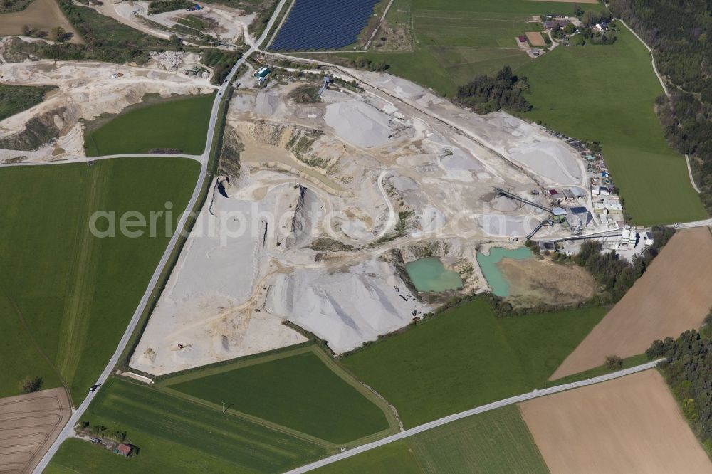 Gauting from the bird's eye view: Site and tailings area of the gravel mining Kieswerk Unterbrunn Baldur Trinkl in Gauting in the state Bavaria, Germany