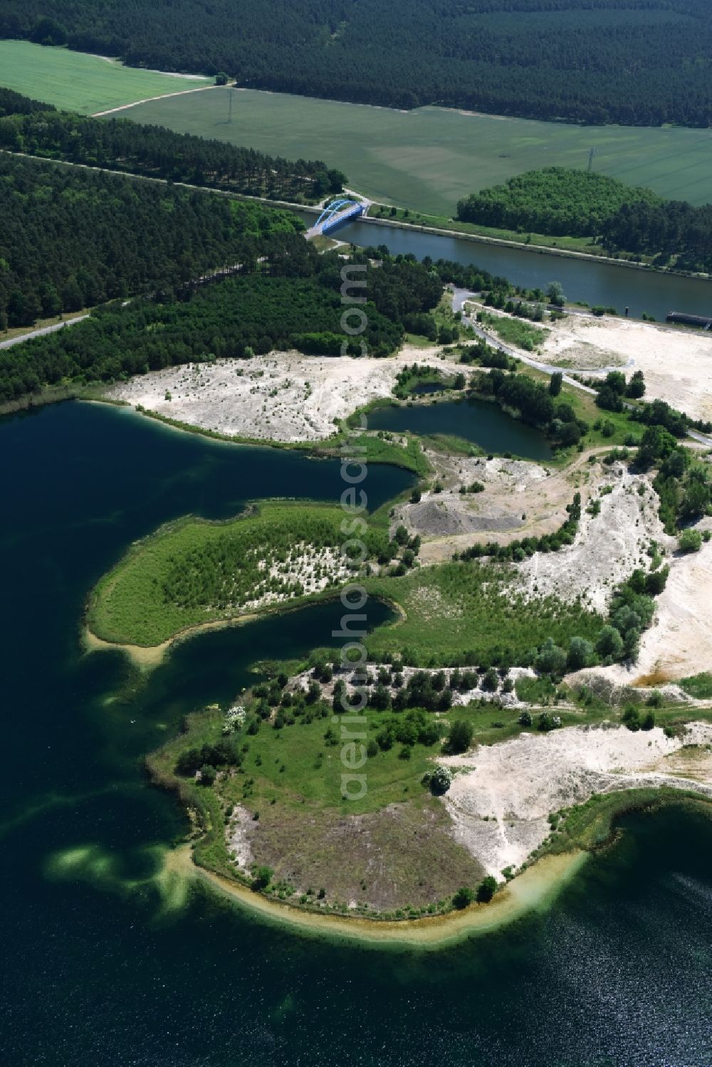 Burg from above - Site and tailings area of the gravel mining of gravel quarry Niegripp between the Elbe-Havel channel and the Mittel lake in Burg in the state Saxony-Anhalt