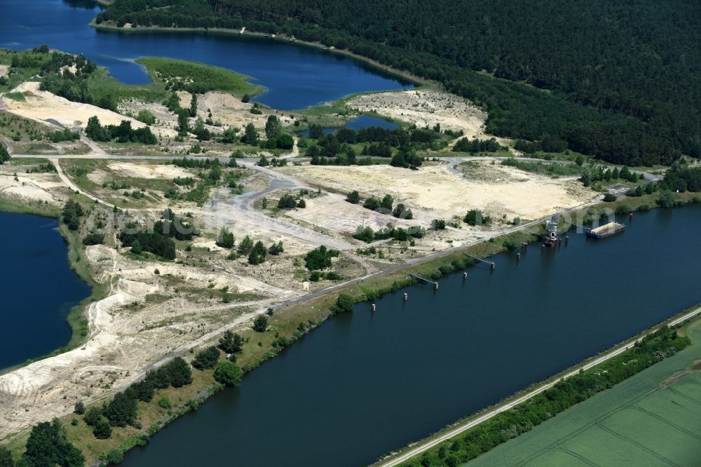 Burg from above - Site and tailings area of the gravel mining of gravel quarry Niegripp between the Elbe-Havel channel and the Mittel lake in Burg in the state Saxony-Anhalt