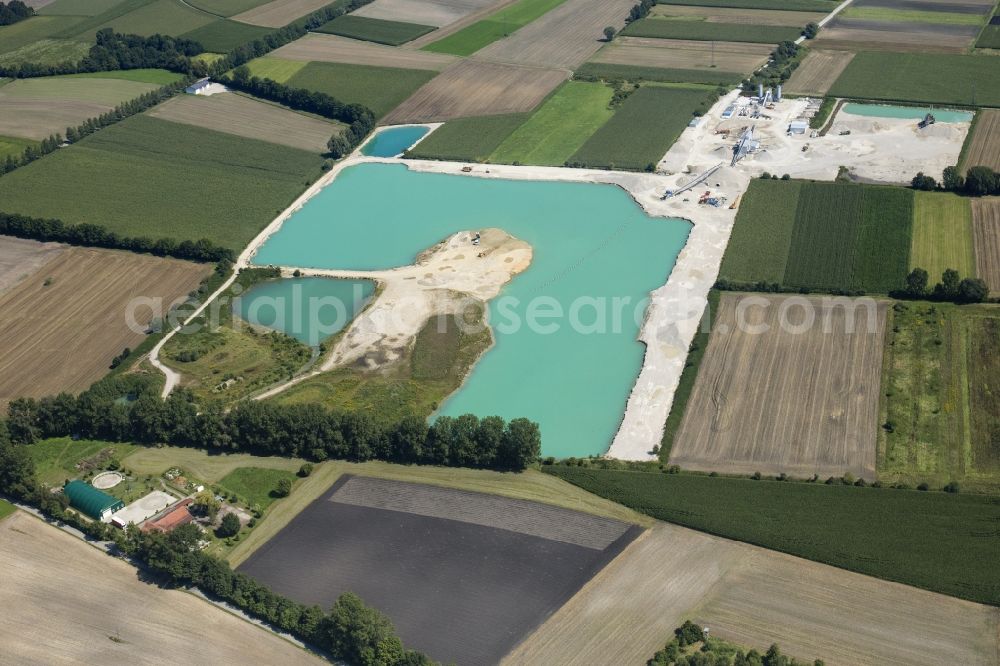 Aerial photograph Neuching - Site and tailings area of the gravel mining in Neuching in the state Bavaria, Germany