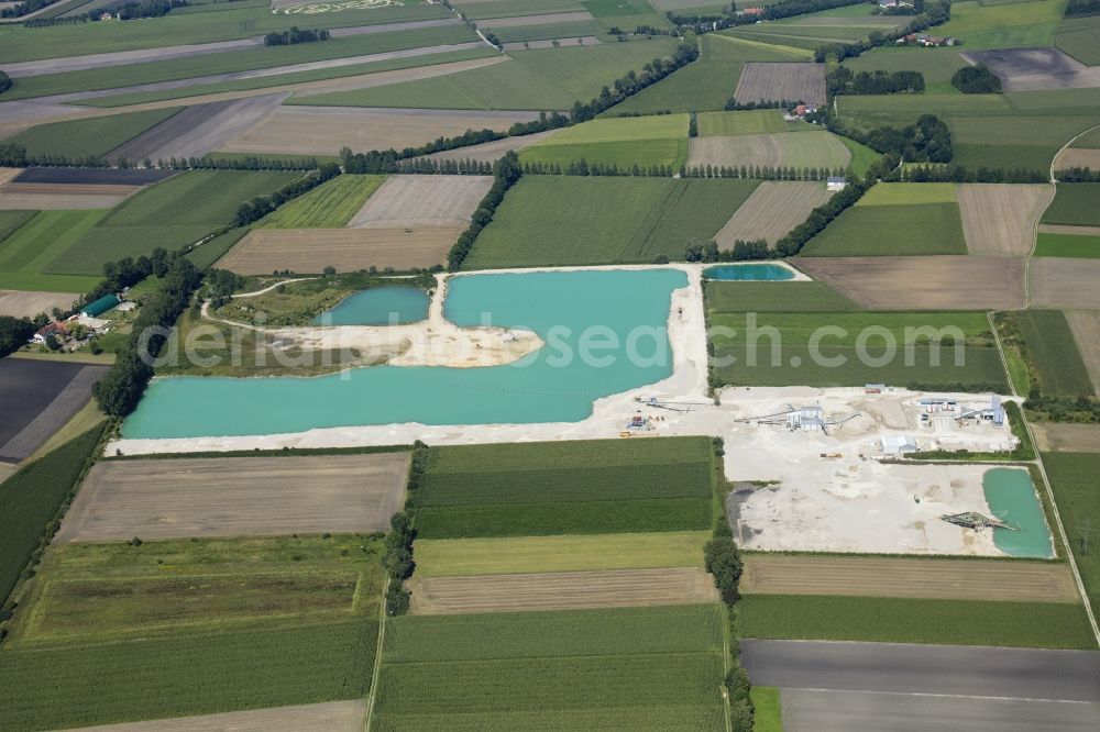 Aerial image Neuching - Site and tailings area of the gravel mining in Neuching in the state Bavaria, Germany